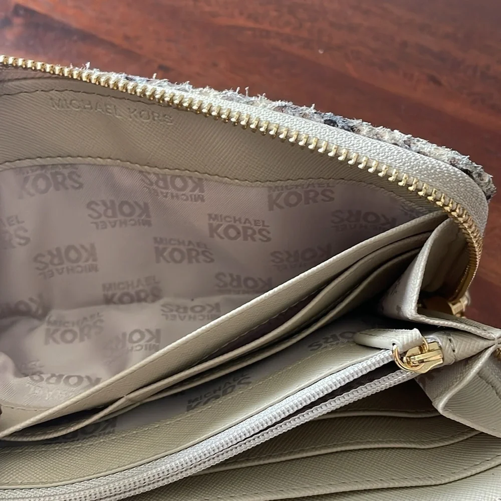 Michael Kors black brown snakeskin embossed logo gold tone zippered wallet